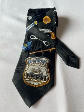 Black Police-Themed Men's Neck Tie with Badge and Accessories Print